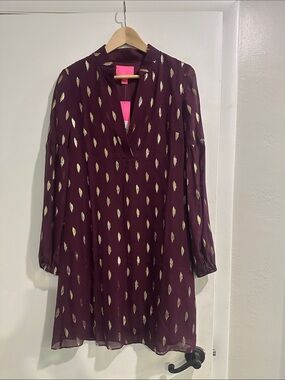 Plum Shift Dress with Gold Leaf Print